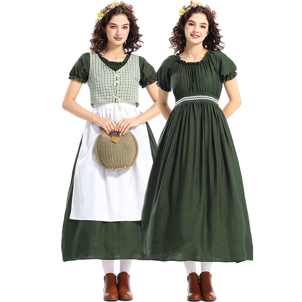 Ethnic Wear - Halloween Pioneer Costume Green Plaid Dress